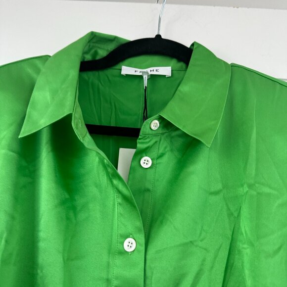 NWT Frame Silk Mini Dress in Bright Peridot Sz Medium Strong Padded Shoulder - Picture 8 of 10